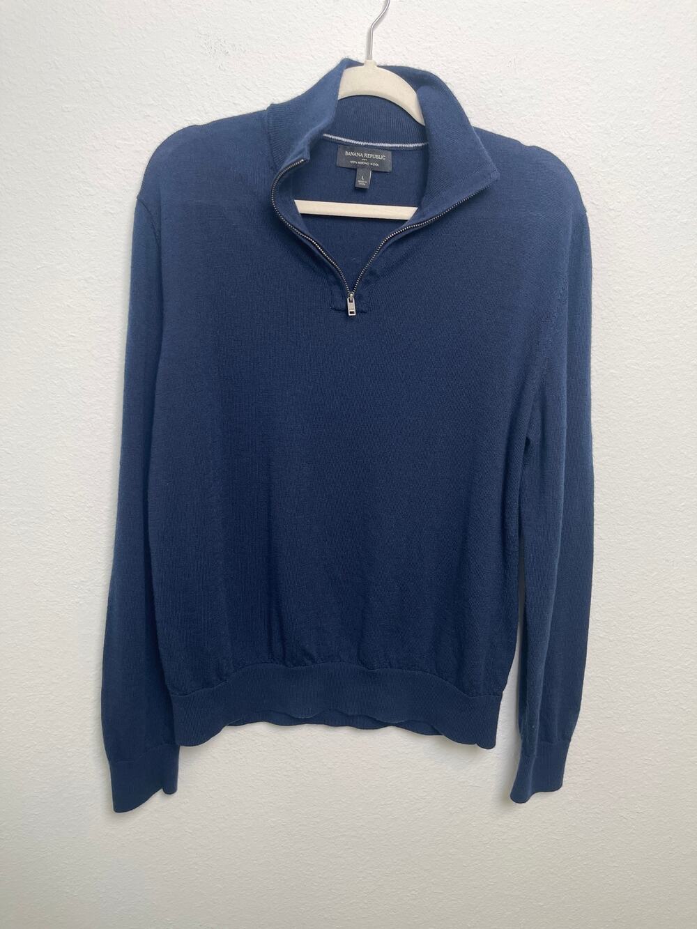 Banana Republic 100% Merino Wool Quarter Zip Sweater Navy Blue Large Pullover